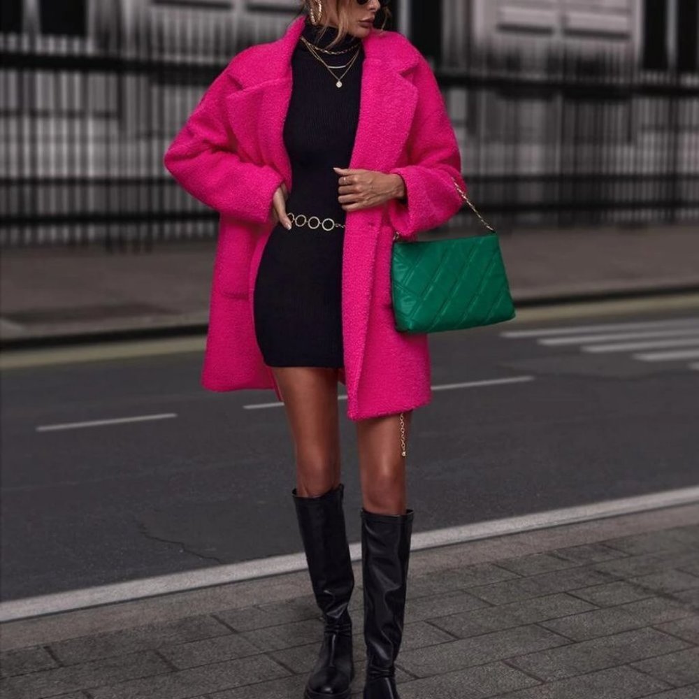 Pocketed  Lapel Neckline faux fur Teddy Coat jacket Hot Pink - Picture 3 of 6